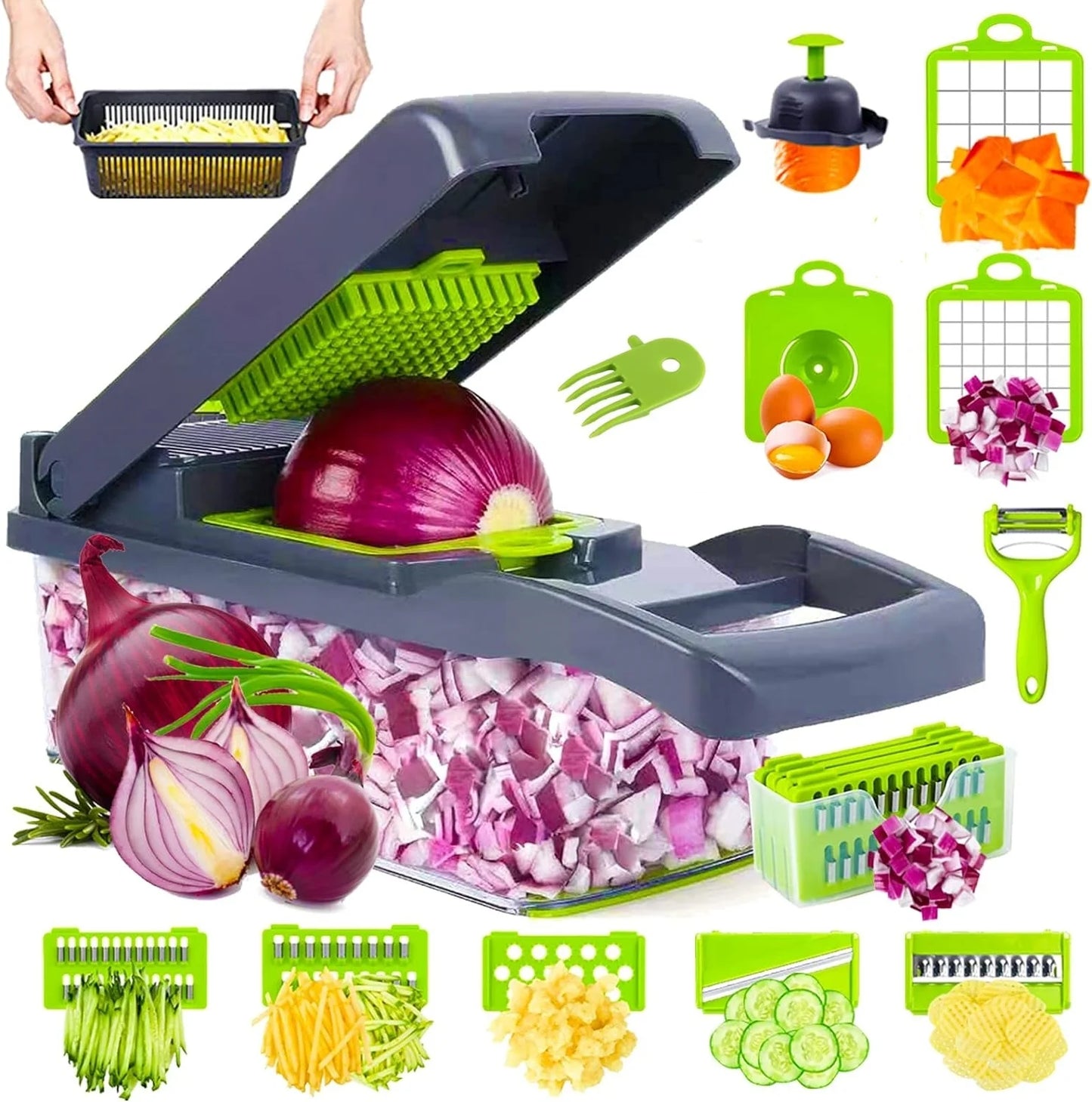 Vegetable Chopper, Veggie Chopper, Multifunctional 12 in 1 Food Chopper, Vegetable Slicer Dicer with 8 Blades, Onion Chopper Vegetable Cutter with Salad Garlic Carrot