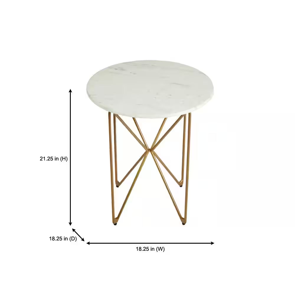 Round Accent Table with Gold Finish Wire Base and Natural Marble Top