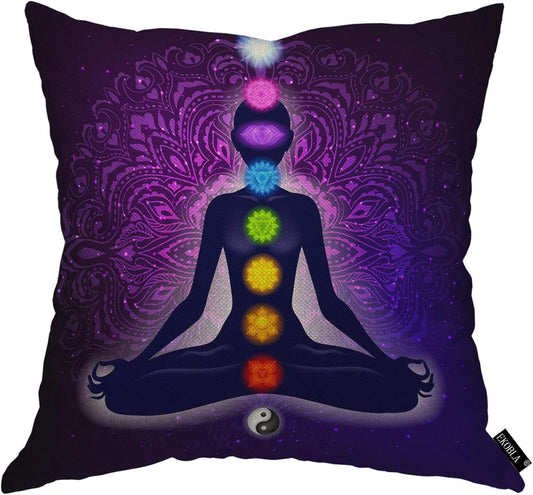 Meditating Woman in Lotus Pose Throw Pillow Cover Colorful 9 Chakras and Aura Glow Cozy Square Cushion Case for Men Women Boys Girls Room Home Decor Cotton Linen 18X18 Inch
