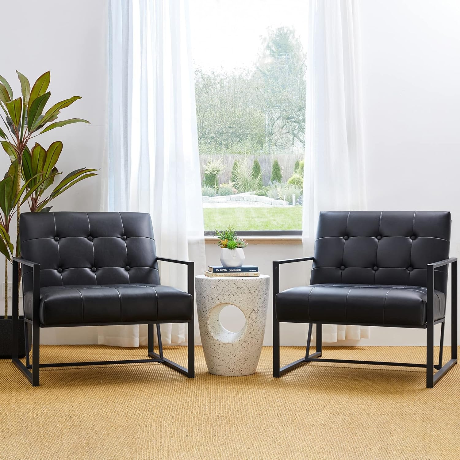 Mid Century Modern Accent Chair, Modern Living Room Chairs with Durable Metal Frame,Pu Leather Cushioned, Reading Armchairs for Living Room, Bedroom, Home Office, Black