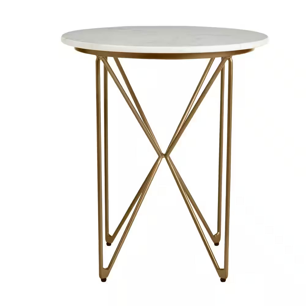 Round Accent Table with Gold Finish Wire Base and Natural Marble Top