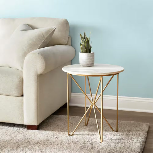 Round Accent Table with Gold Finish Wire Base and Natural Marble Top