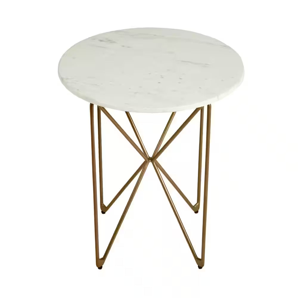 Round Accent Table with Gold Finish Wire Base and Natural Marble Top