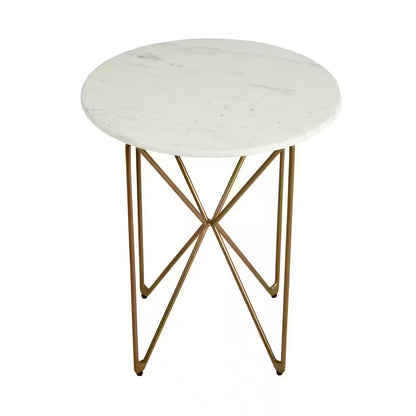 Round Accent Table with Gold Finish Wire Base and Natural Marble Top