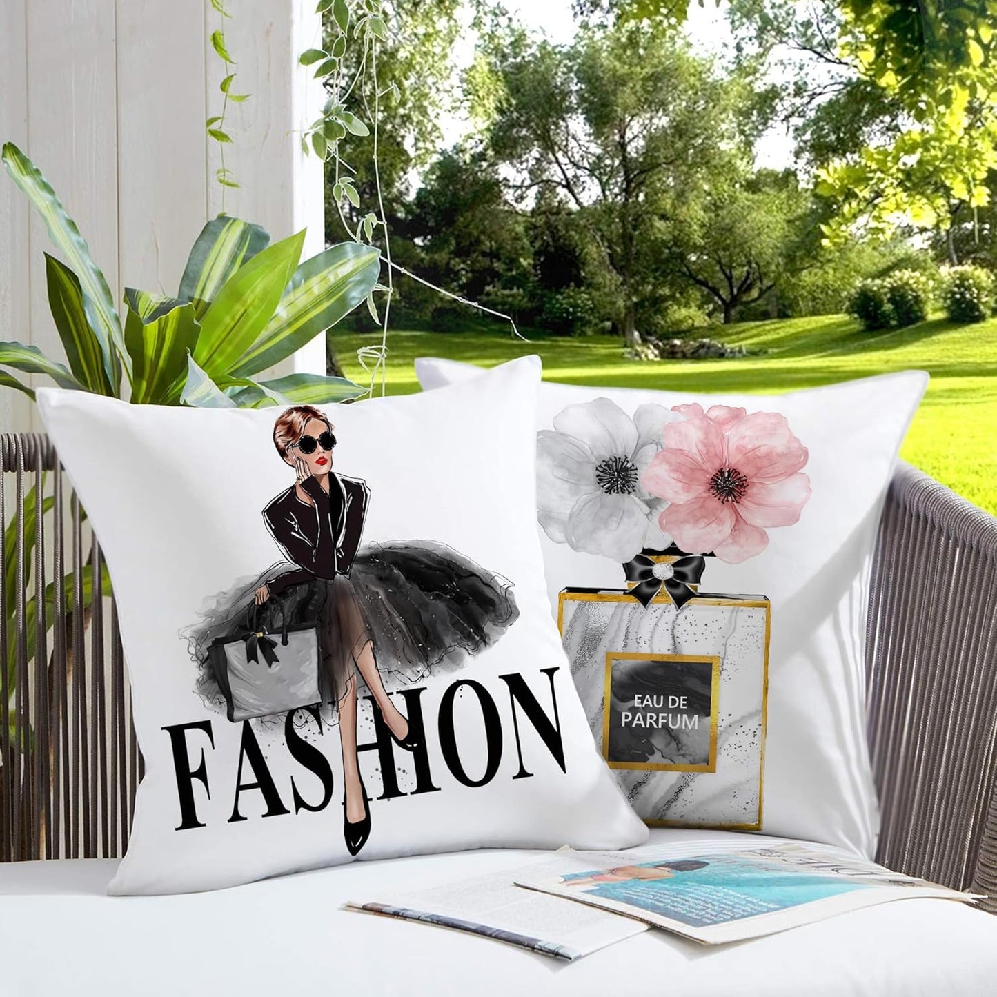 Black White Decorative Pillow Covers 18X18 Bedroom Throw Pillow Covers Pink Fashion Girls Gold Perfume Cute Sofa Couch Decorative Square Pillow Covers Set of 2 Soft Velvet Pillow Cases (02)