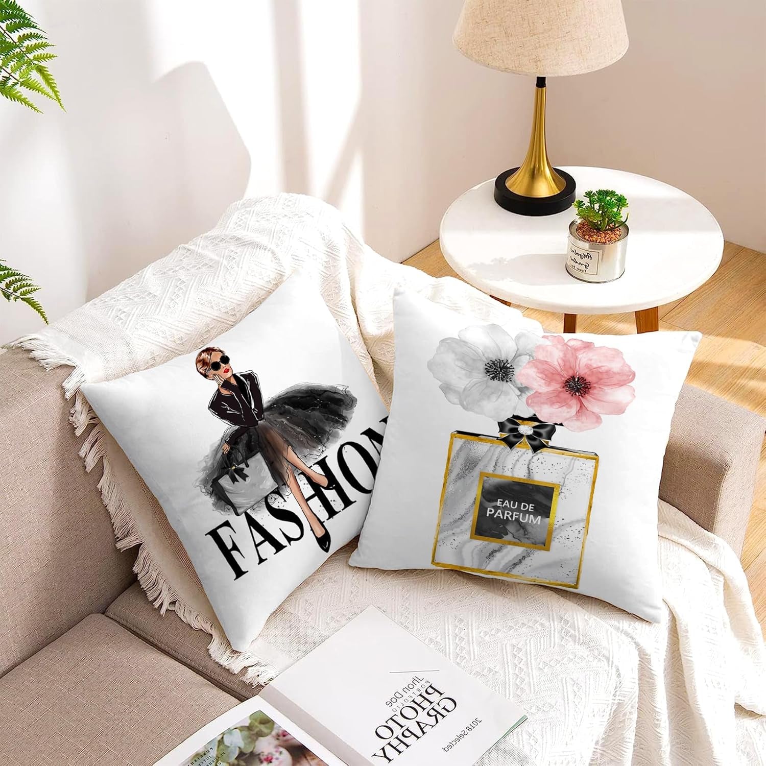 Black White Decorative Pillow Covers 18X18 Bedroom Throw Pillow Covers Pink Fashion Girls Gold Perfume Cute Sofa Couch Decorative Square Pillow Covers Set of 2 Soft Velvet Pillow Cases (02)