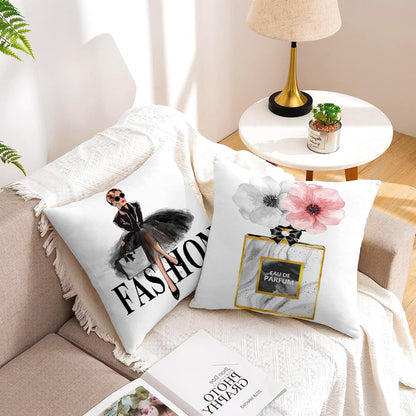 Black White Decorative Pillow Covers 18X18 Bedroom Throw Pillow Covers Pink Fashion Girls Gold Perfume Cute Sofa Couch Decorative Square Pillow Covers Set of 2 Soft Velvet Pillow Cases (02)